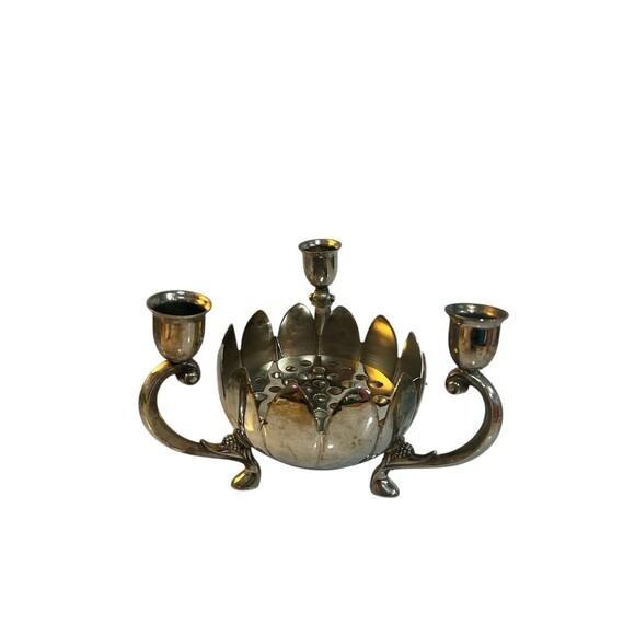 Vtg Lotus Flower Vase Candle Holder Silverplate Removable Frog Triple Taper - Picture 1 of 8